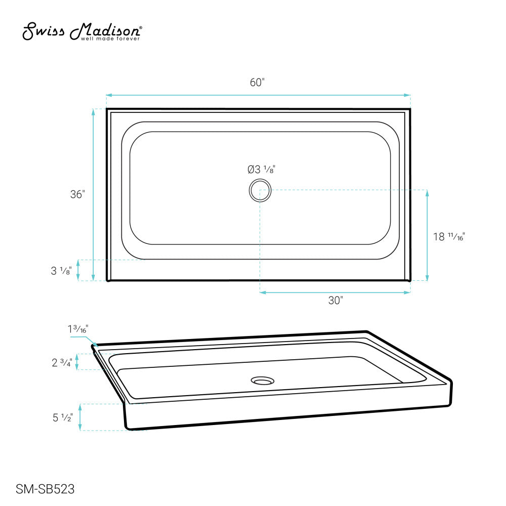 Voltaire 60" x 36" Acrylic White, Single-Threshold, Center Drain, Shower Base