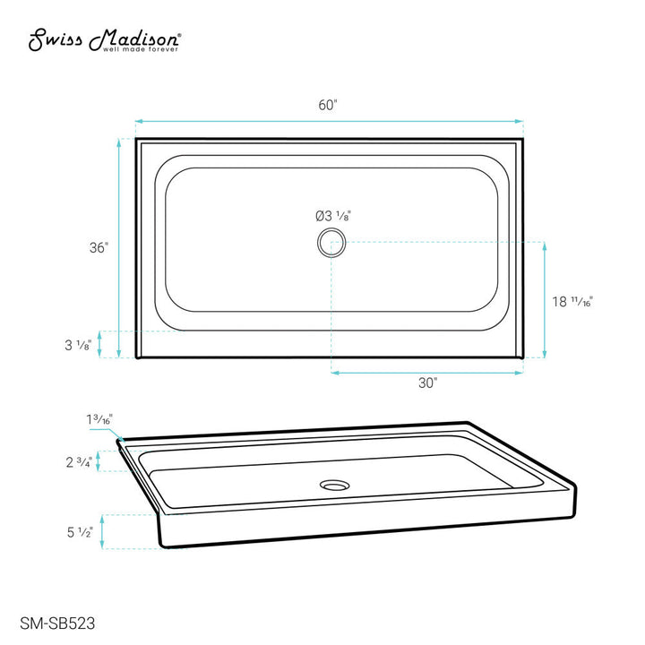 Voltaire 60" x 36" Acrylic White, Single-Threshold, Center Drain, Shower Base