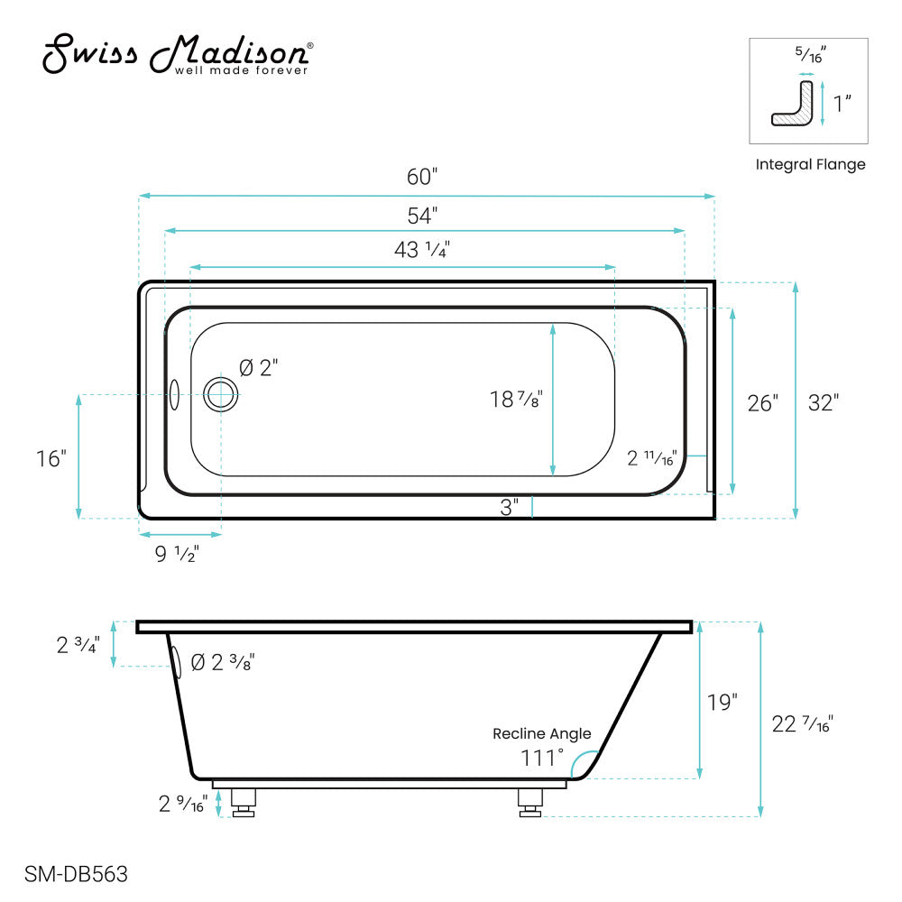 Voltaire 60" x 32" Left-Hand Drain Alcove Bathtub