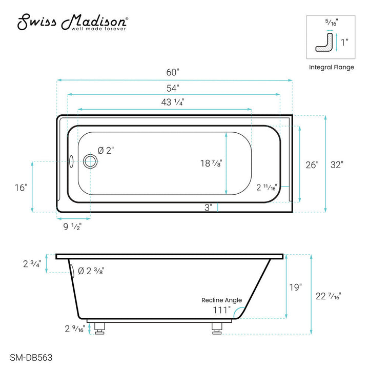 Voltaire 60" x 32" Left-Hand Drain Alcove Bathtub