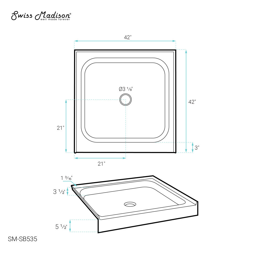 Voltaire 42" x 42" Acrylic White, Single-Threshold, Center Drain, Shower Base