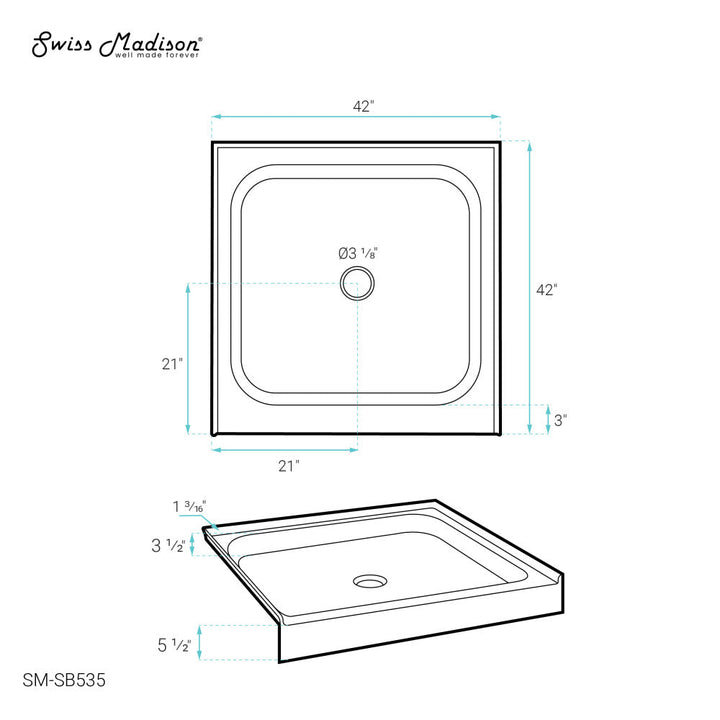 Voltaire 42" x 42" Acrylic White, Single-Threshold, Center Drain, Shower Base