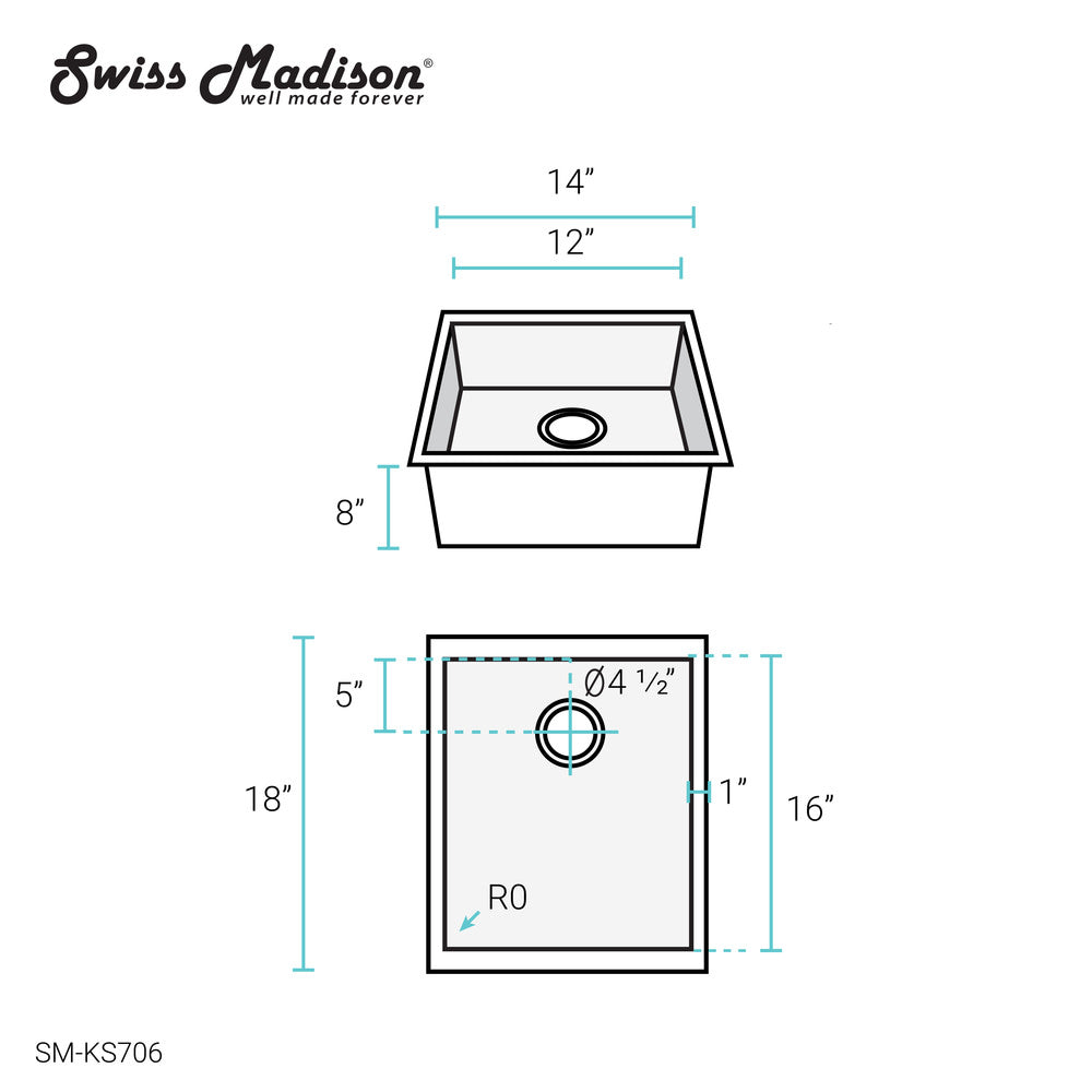 Tourner 14 x 18 Stainless Steel, Single Basin, Undermount Kitchen Sink