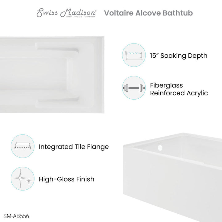 Voltaire 72" x 36" Left-Hand Drain Alcove Bathtub with Apron and Armrest