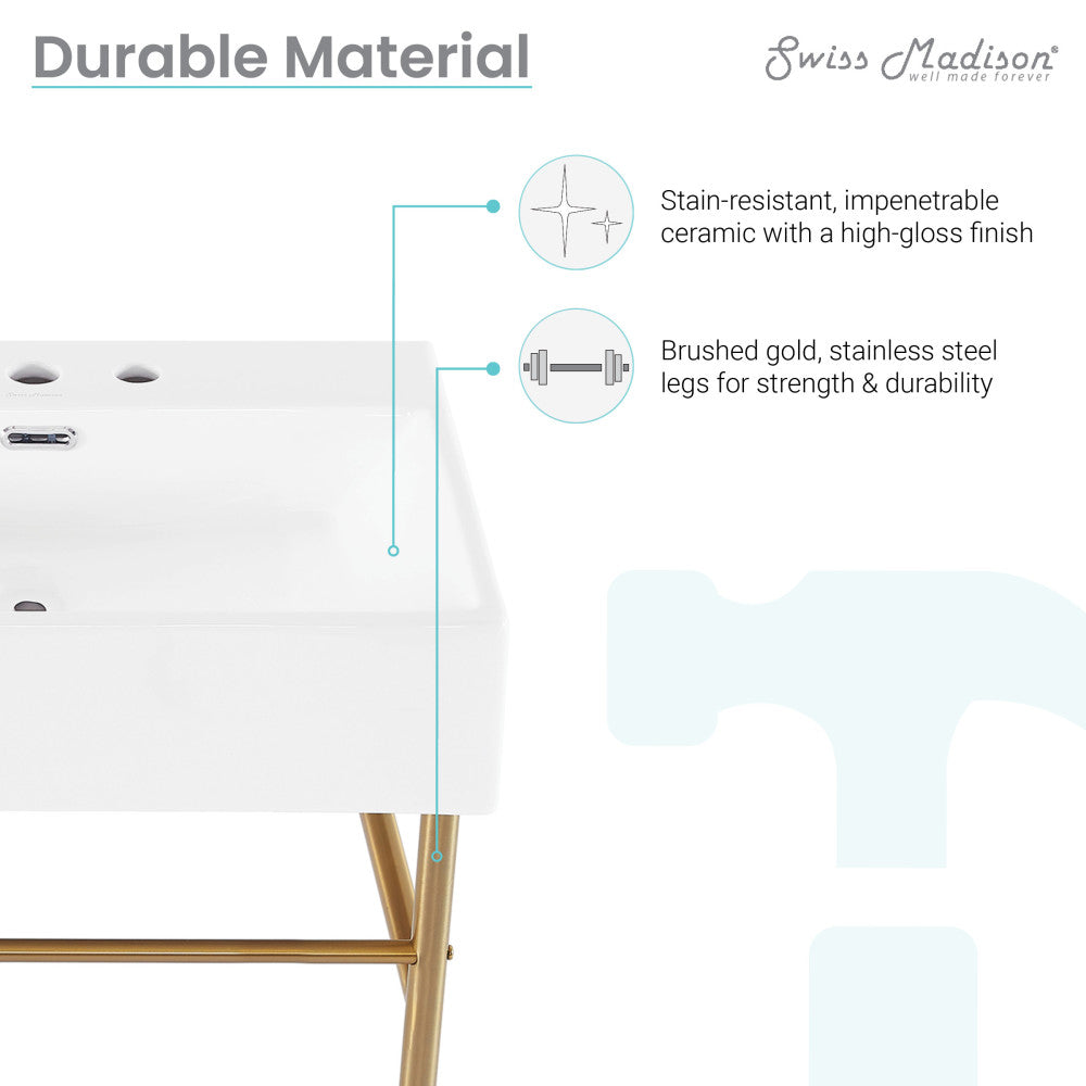 Claire 24" Console Sink White Basin Brushed Gold Legs with 8" Widespread Holes