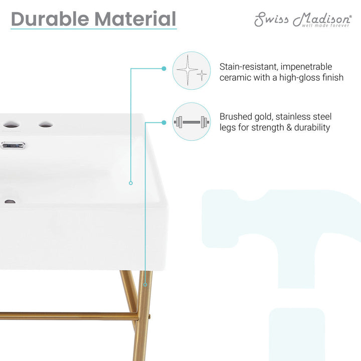 Claire 24" Console Sink White Basin Brushed Gold Legs with 8" Widespread Holes