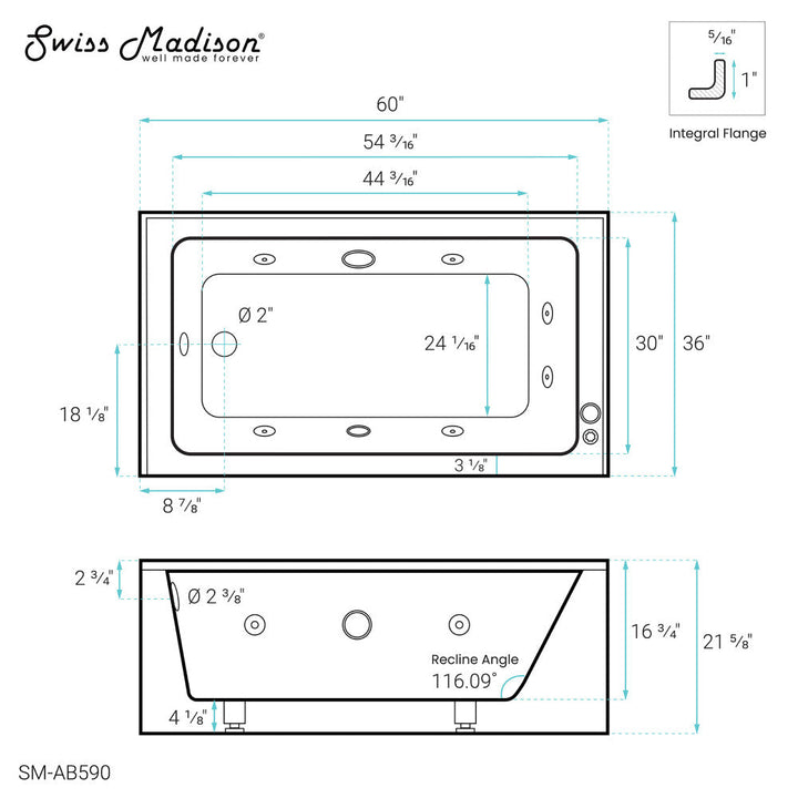 Avancer 60" x 36" Left-Hand Drain Rectangular Alcove Whirlpool Bathtub with Apron