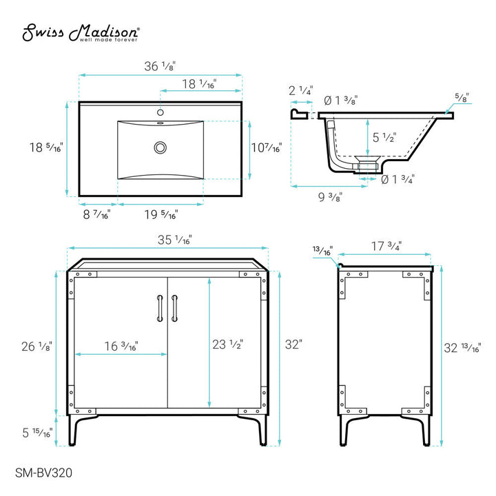 Voltaire 36" Single, Bathroom Vanity in White with Gold Hardware