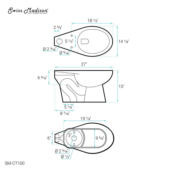 Sirene Floor-Mounted Commercial Elongated Top Flush Spud Flushometer Toilet Bowl