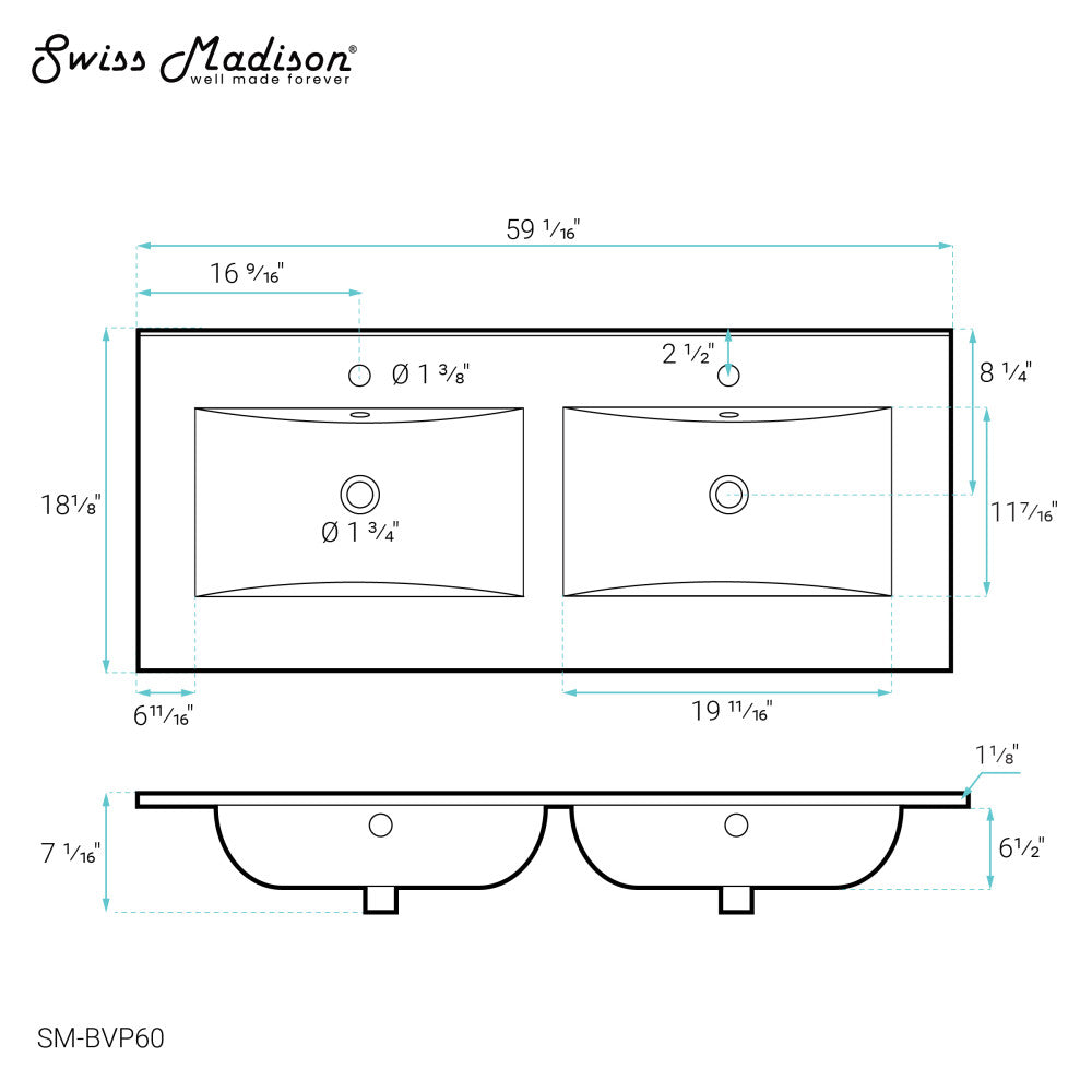 60" Vanity Top Bathroom Sink