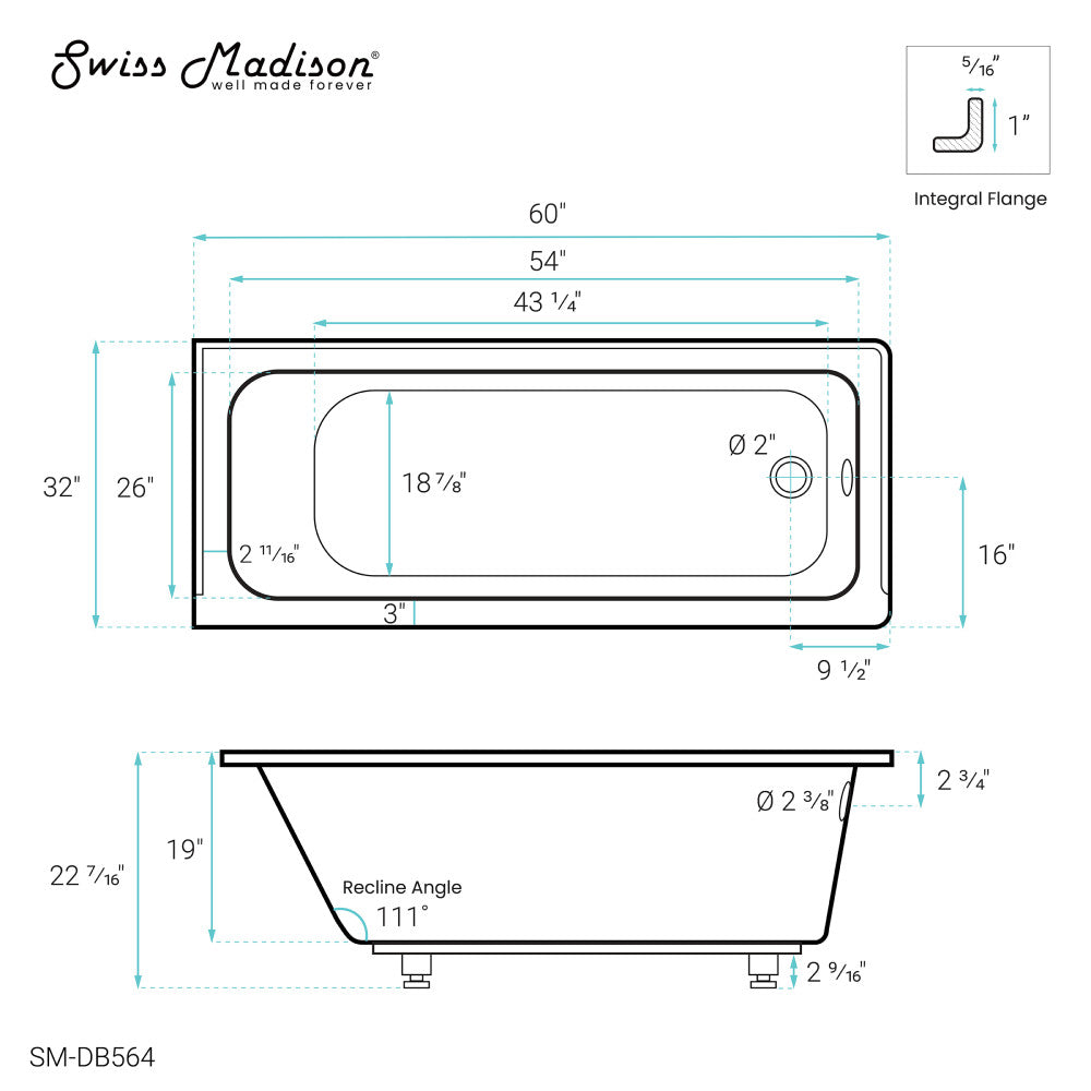 Voltaire 60" x 32" Right-Hand Drain Alcove Bathtub