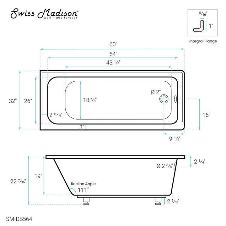 Voltaire 60" x 32" Right-Hand Drain Alcove Bathtub