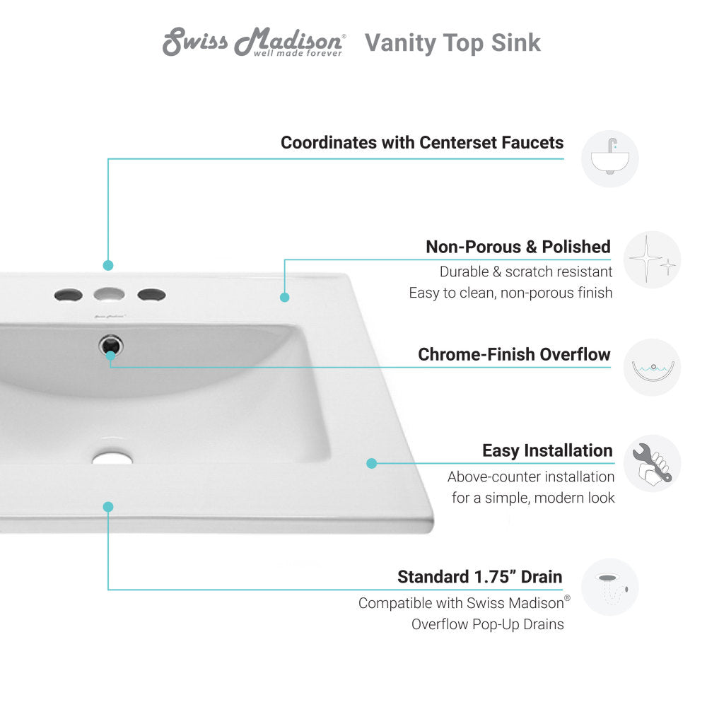 24" Ceramic Vanity Top with Three Faucet Holes