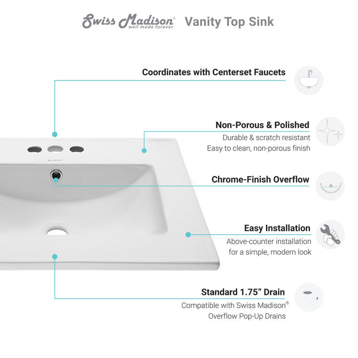 24" Ceramic Vanity Top with Three Faucet Holes