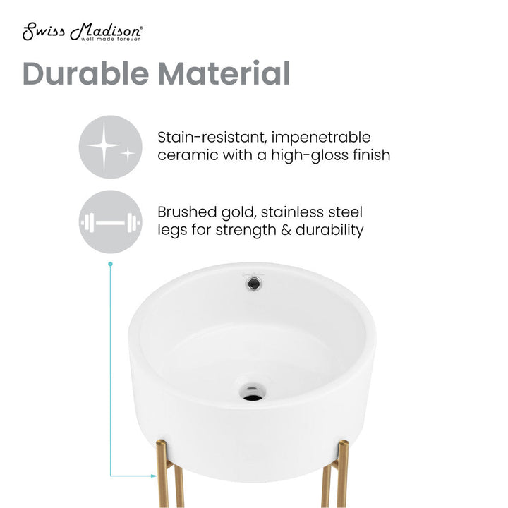Monaco 16.5" Round Console Sink, White Basin Brushed Gold Legs