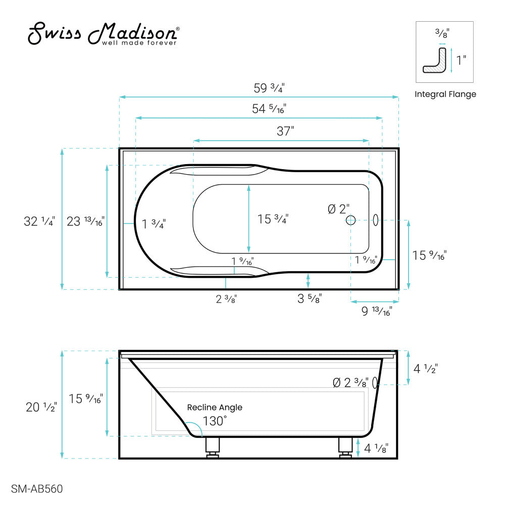 Concorde 60" x 32" Acrylic Glossy White, Alcove, Integral, Right-Hand Drain, Apron Bathtub