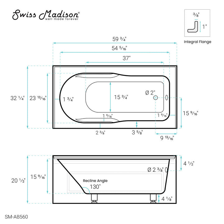 Concorde 60" x 32" Acrylic Glossy White, Alcove, Integral, Right-Hand Drain, Apron Bathtub