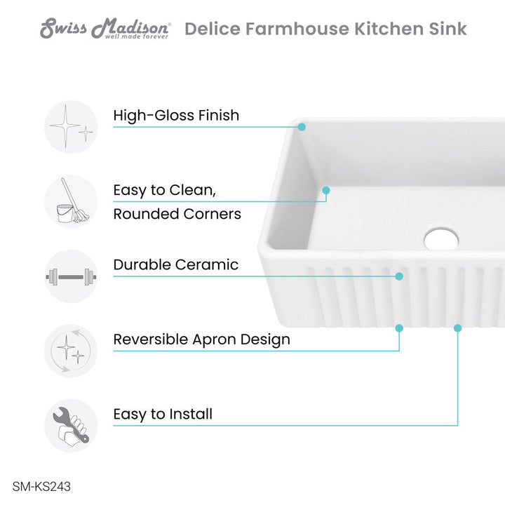 Delice 30 x 18 Ceramic, Farmhouse Kitchen Sink with Apron