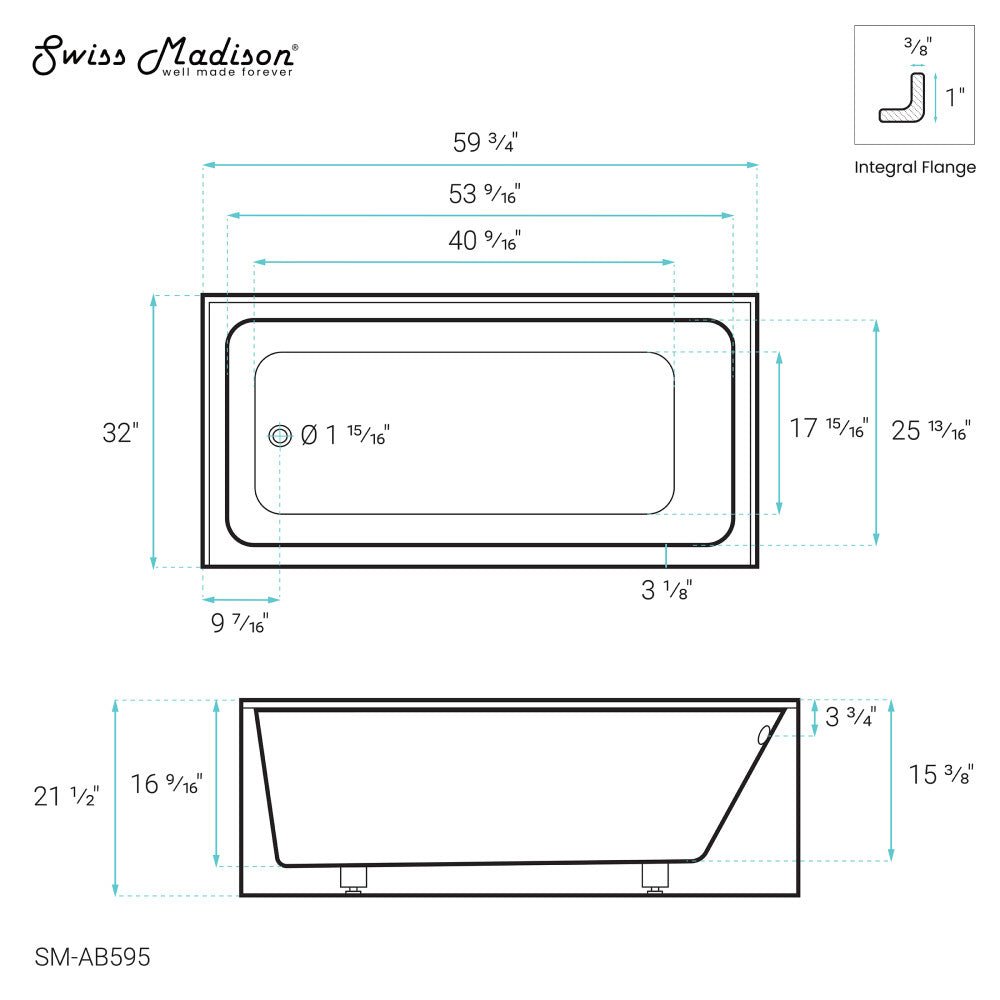 Voltaire 60" x 32" Left-Hand Drain Alcove Bathtub with Apron