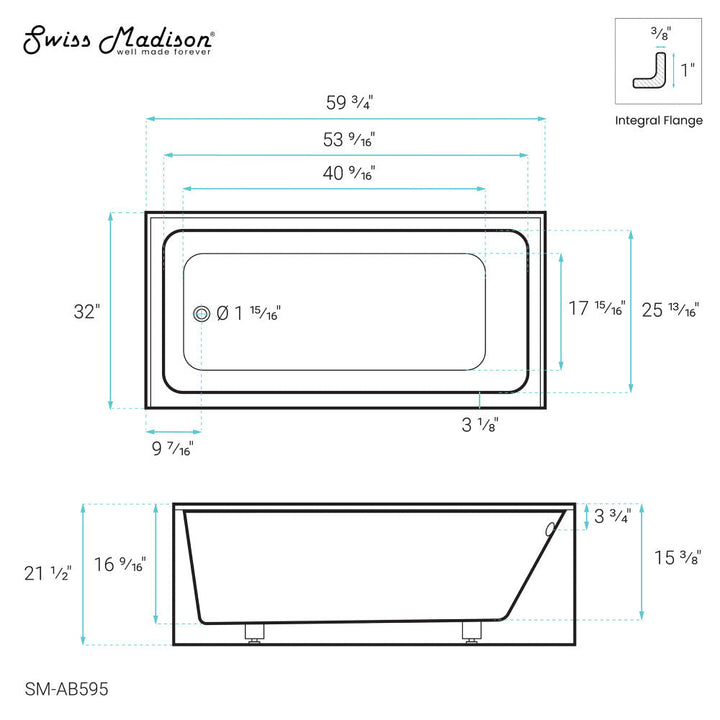 Voltaire 60" x 32" Left-Hand Drain Alcove Bathtub with Apron