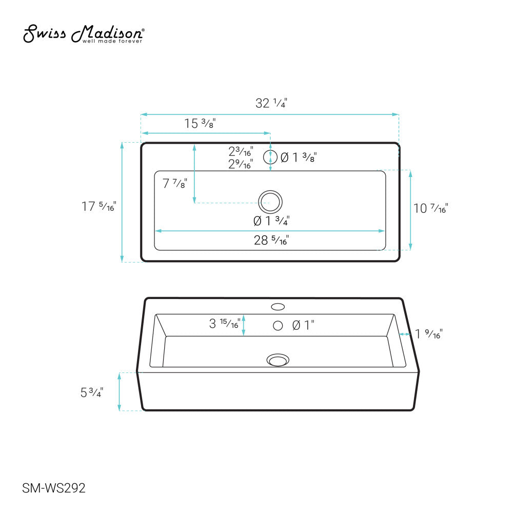 Voltaire Wide Rectangle Wall-Mount Sink in Shiny White