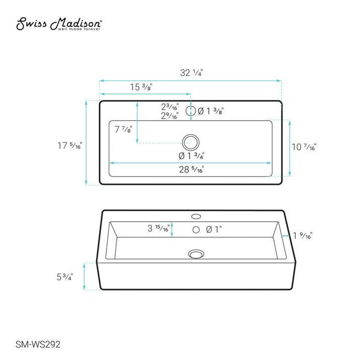 Voltaire Wide Rectangle Wall-Mount Sink in Shiny White