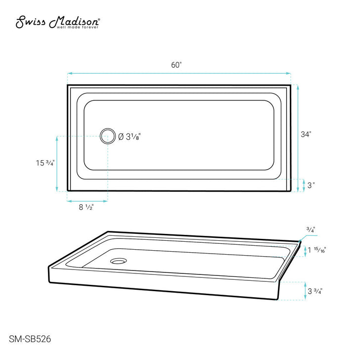 Voltaire 60" x 34" Acrylic White, Single-Threshold, Left Side Drain, Shower Base