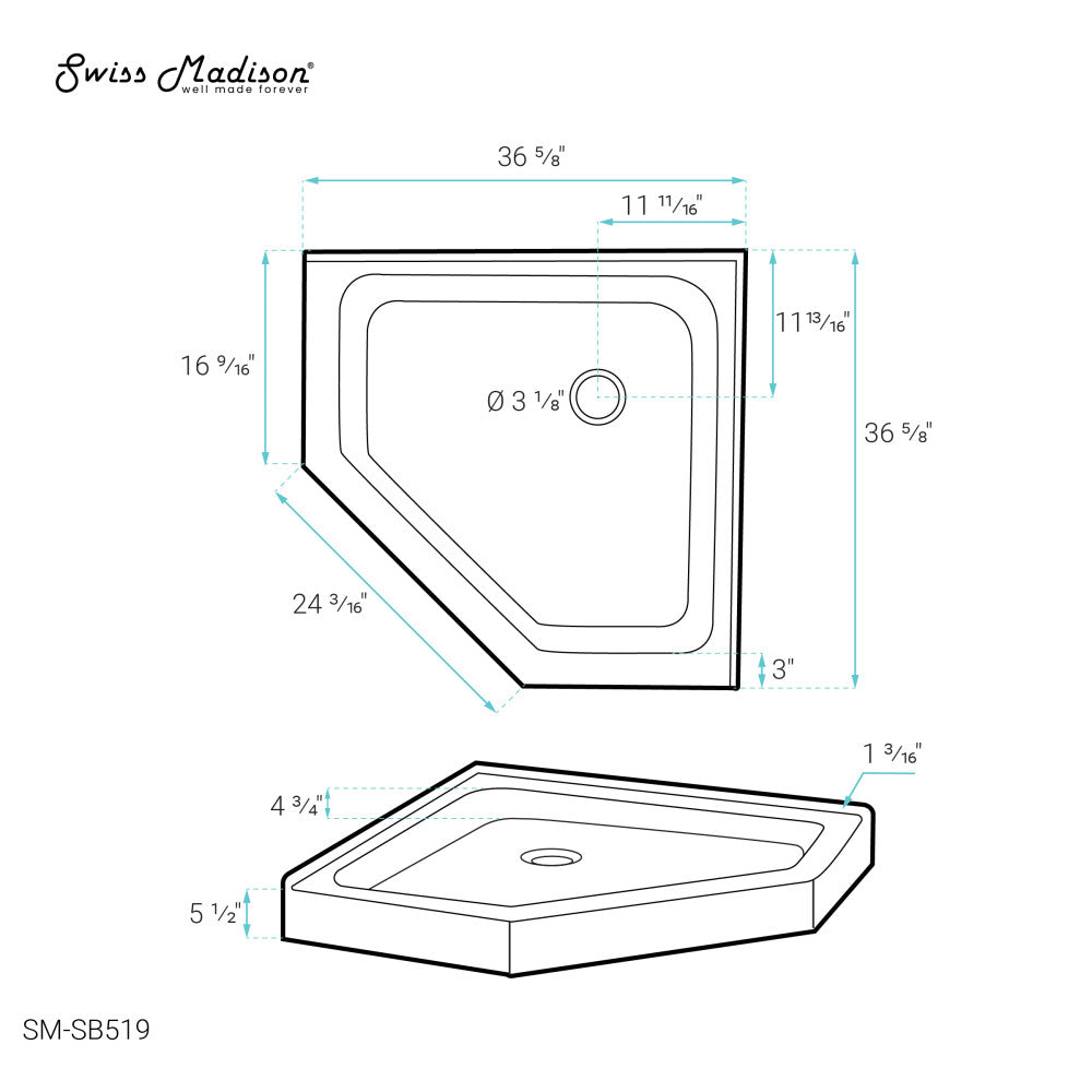 Voltaire 36" x 36" Acrylic White, Single-Threshold, Center Drain, Neo-angle Shower Base
