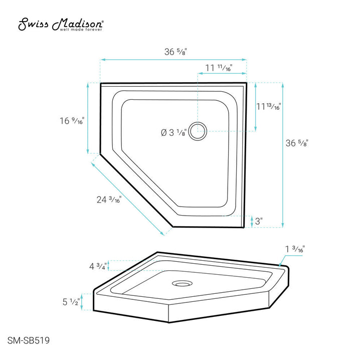Voltaire 36" x 36" Acrylic White, Single-Threshold, Center Drain, Neo-angle Shower Base