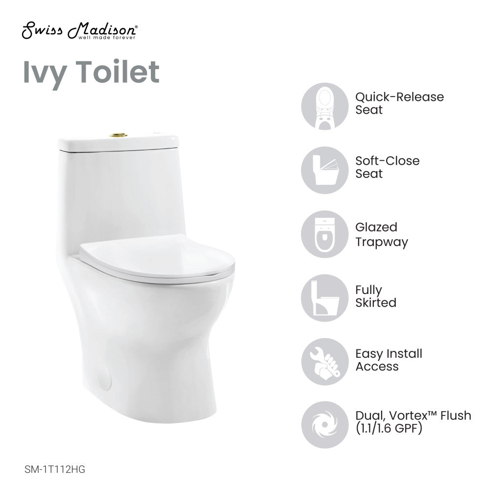 Ivy One Piece Toilet Dual Vortex™ Flush, Brushed Gold Hardware 1.1/1.6 gpf