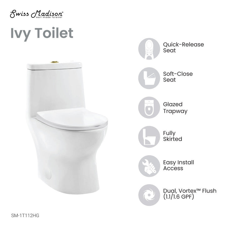 Ivy One Piece Toilet Dual Vortex™ Flush, Brushed Gold Hardware 1.1/1.6 gpf
