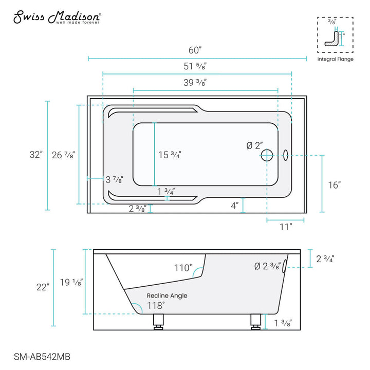 Voltaire 60" x 32" Right-Hand Drain Alcove Bathtub with Apron in Matte Black