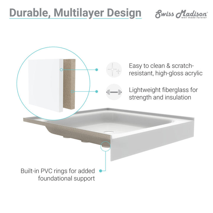 Voltaire 60" x 36" Acrylic White, Single-Threshold, Center Drain, Shower Base