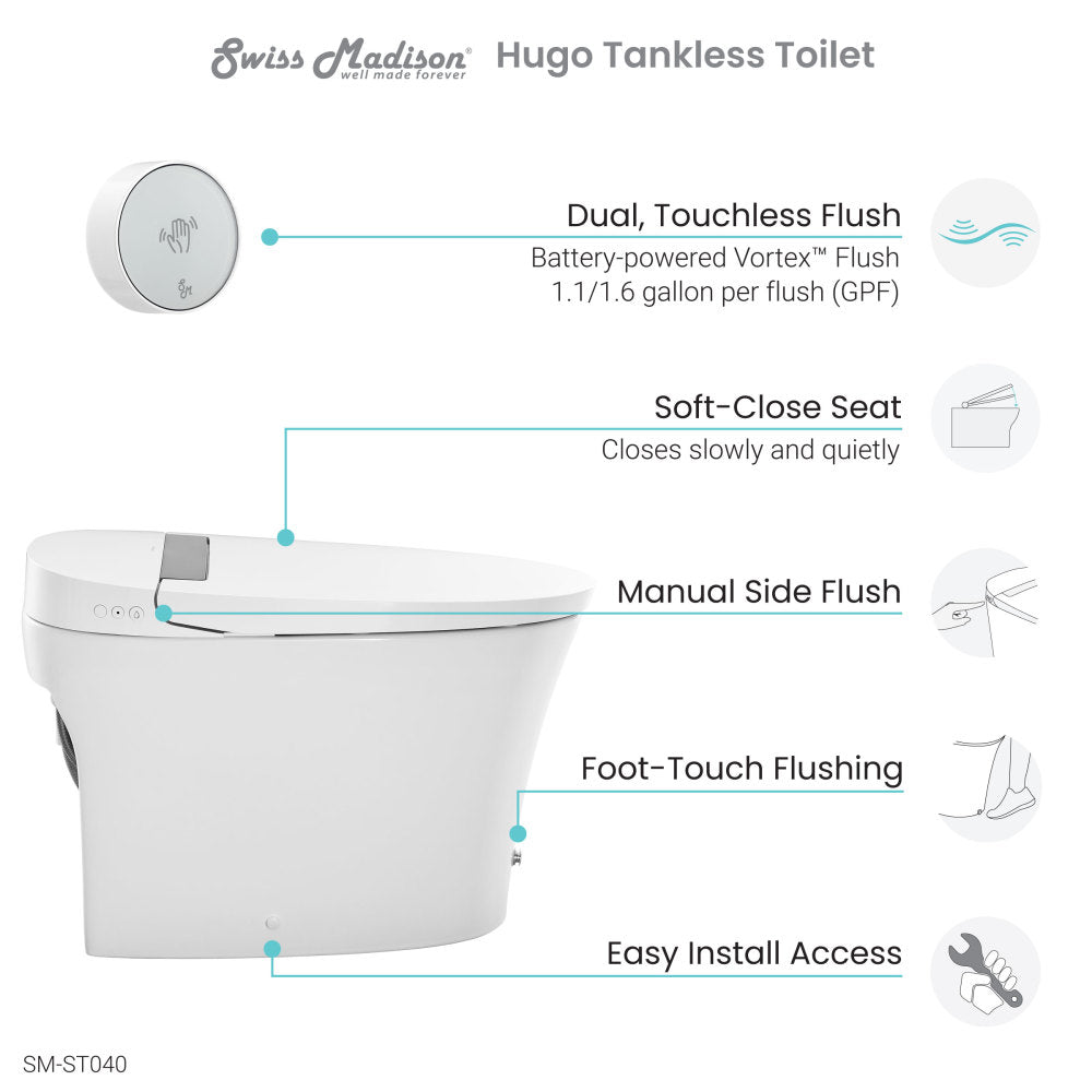 Hugo Smart Tankless Elongated Toilet, Touchless Vortex™ Dual-Flush 1.1/1.6 gpf