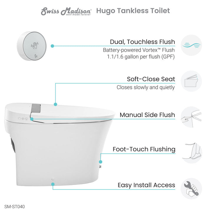 Hugo Smart Tankless Elongated Toilet, Touchless Vortex™ Dual-Flush 1.1/1.6 gpf