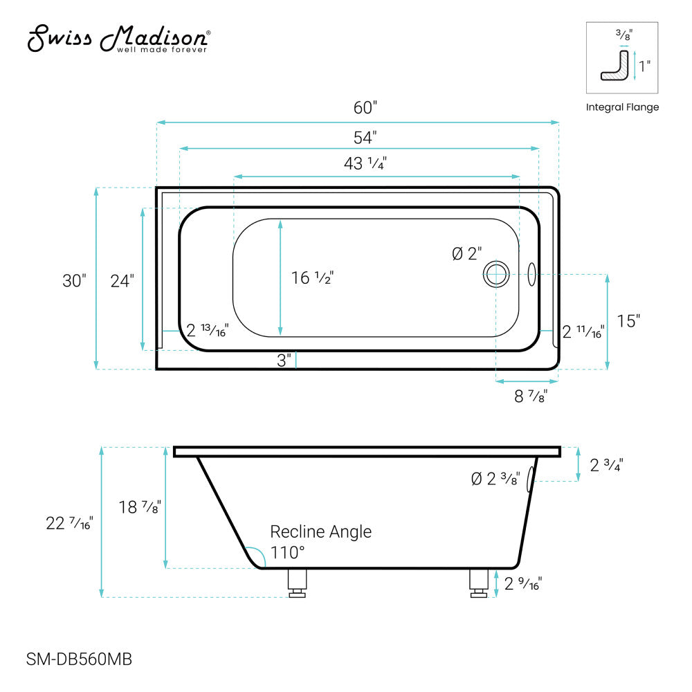 Voltaire 60" x 30" Right-Hand Drain Alcove Bathtub in Matte Black