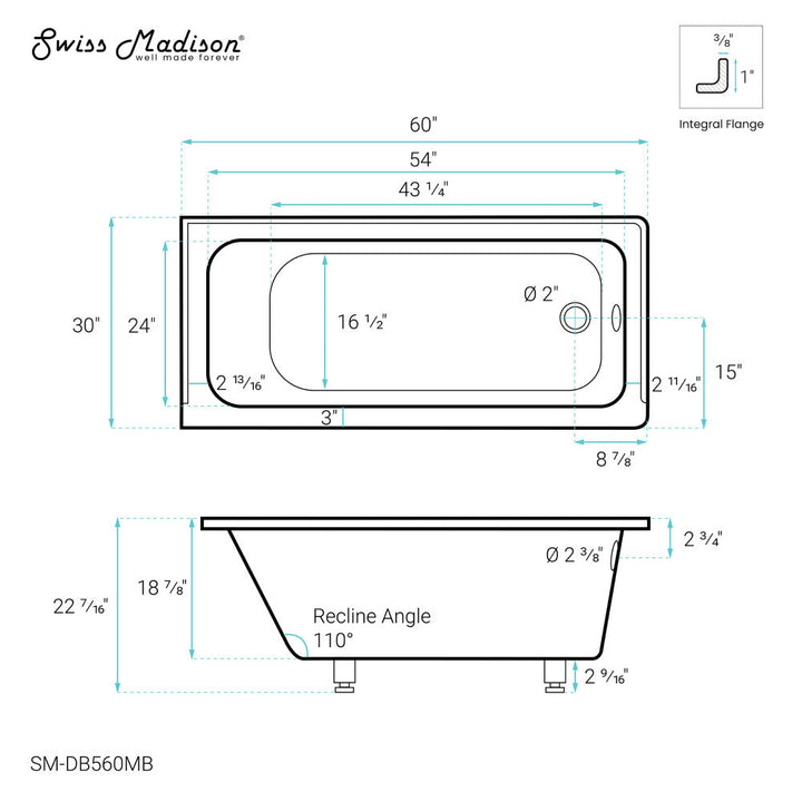 Voltaire 60" x 30" Right-Hand Drain Alcove Bathtub in Matte Black
