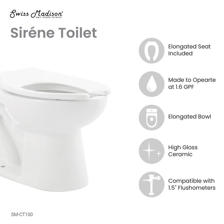 Sirene Floor-Mounted Commercial Elongated Top Flush Spud Flushometer Toilet Bowl