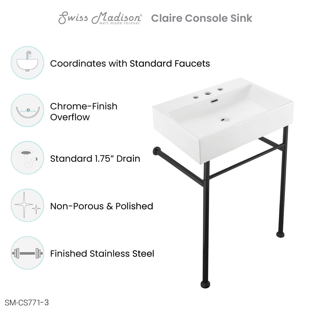 Claire 24" Console Sink White Basin Black Legs with 8" Widespread Holes