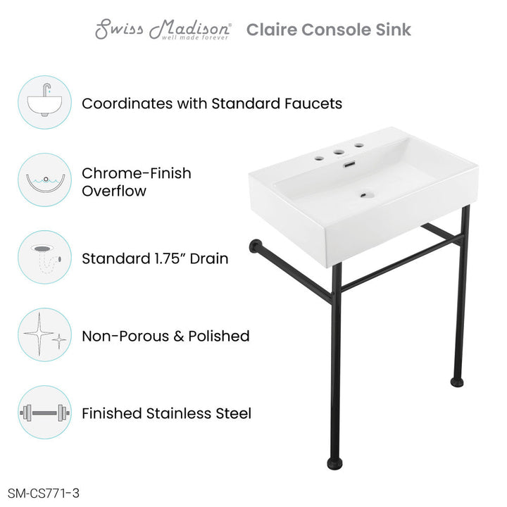 Claire 24" Console Sink White Basin Black Legs with 8" Widespread Holes