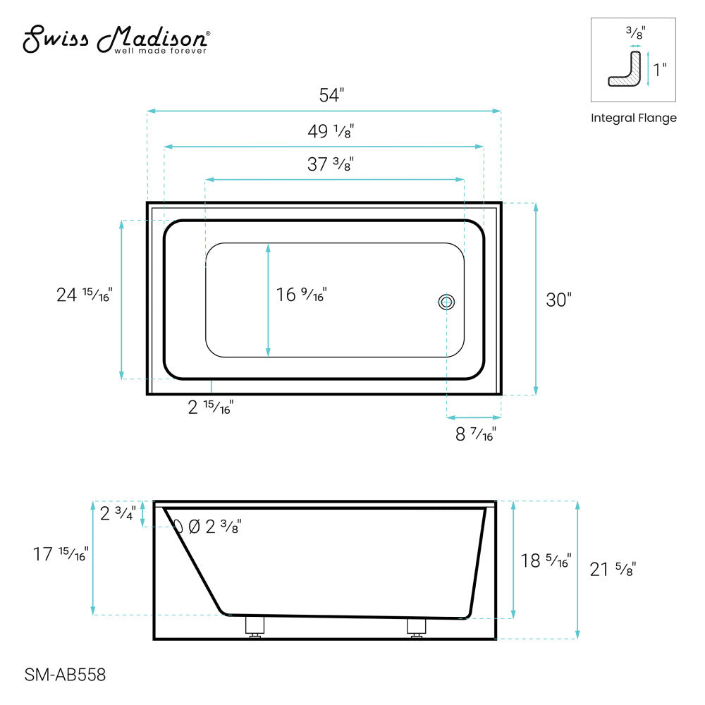 Voltaire 54" x 30" Right-Hand Drain Alcove Bathtub with Apron