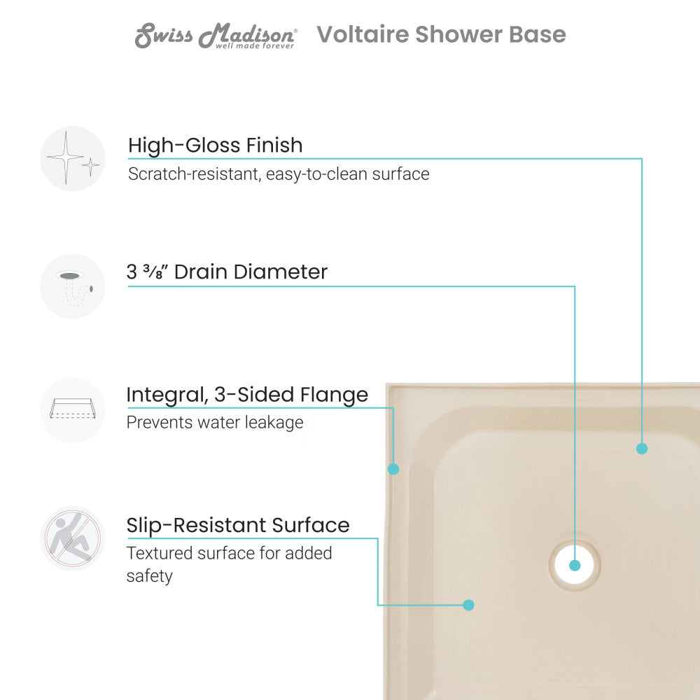 Voltaire 36" x 36" Single-Threshold, Center Drain, Shower Base in Biscuit