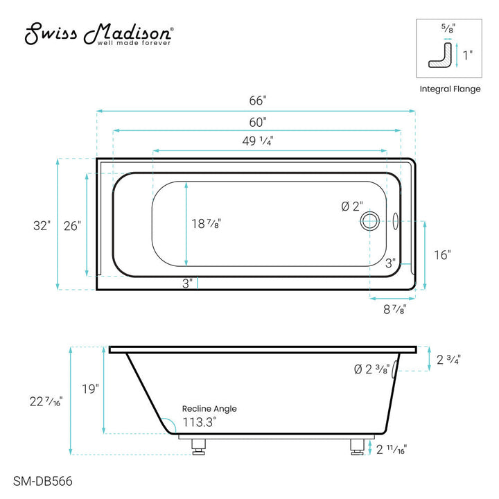 Voltaire 66" x 32" Right-Hand Drain Alcove Bathtub