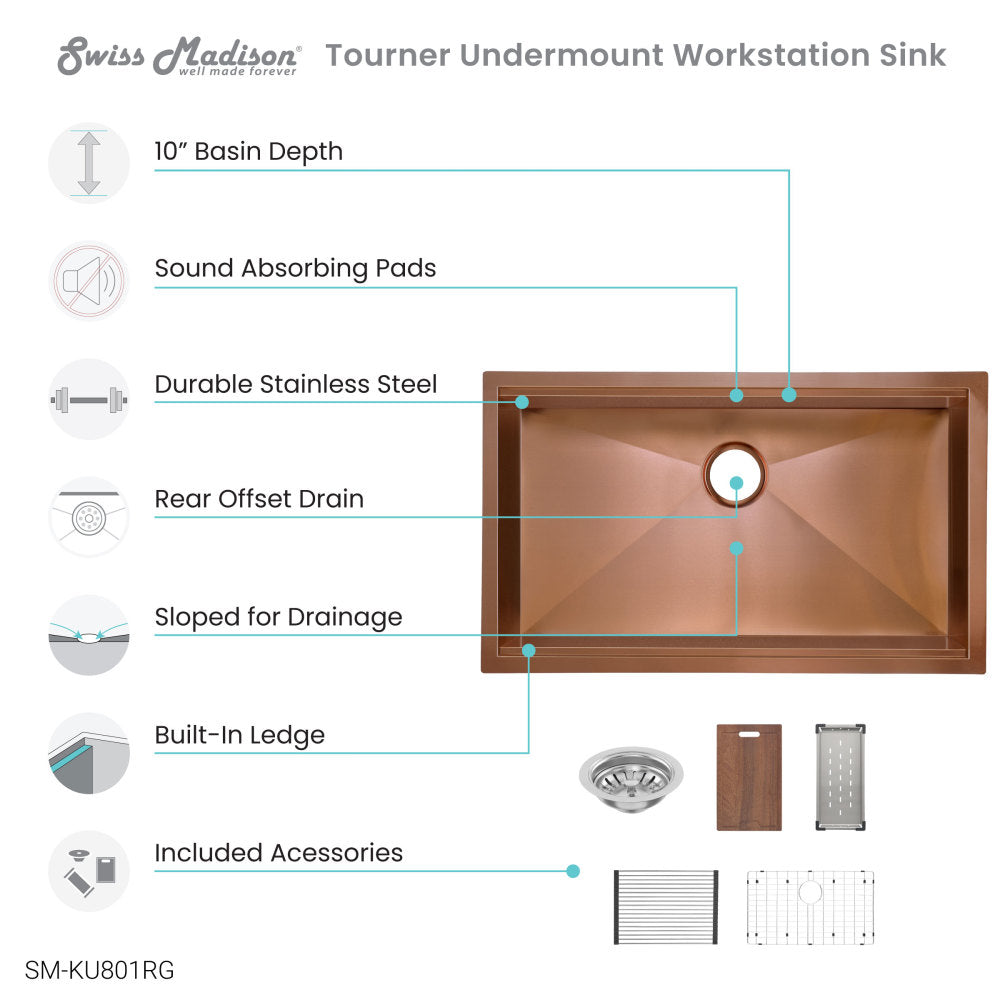 Tourner 32 x 19 Stainless Steel, Single Basin, Undermount Kitchen Workstation Sink in Rose Gold