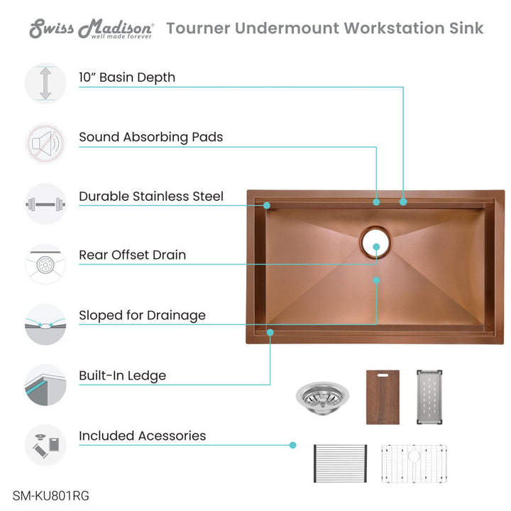 Tourner 32 x 19 Stainless Steel, Single Basin, Undermount Kitchen Workstation Sink in Rose Gold