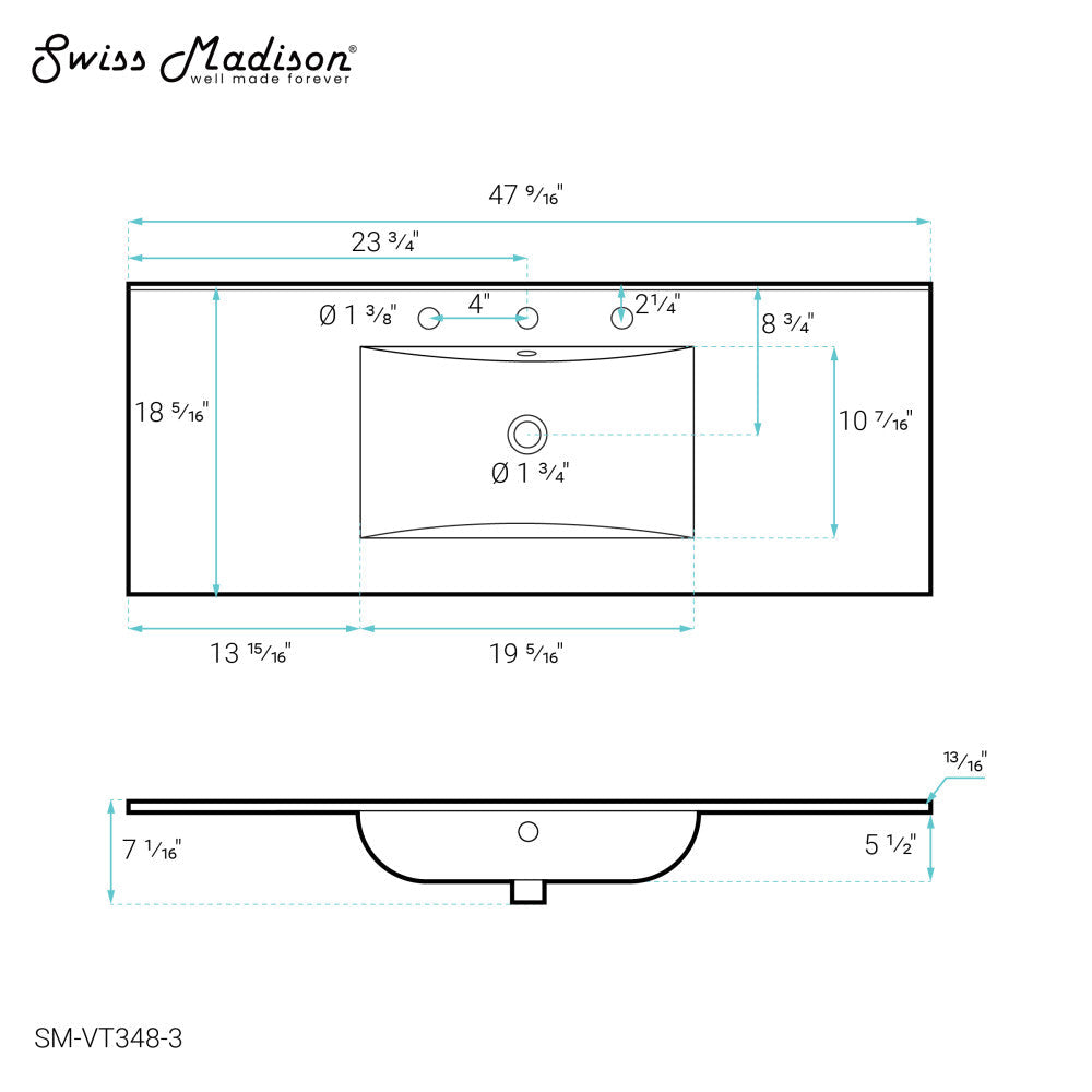 48" Ceramic Vanity Top with Three Faucet Holes