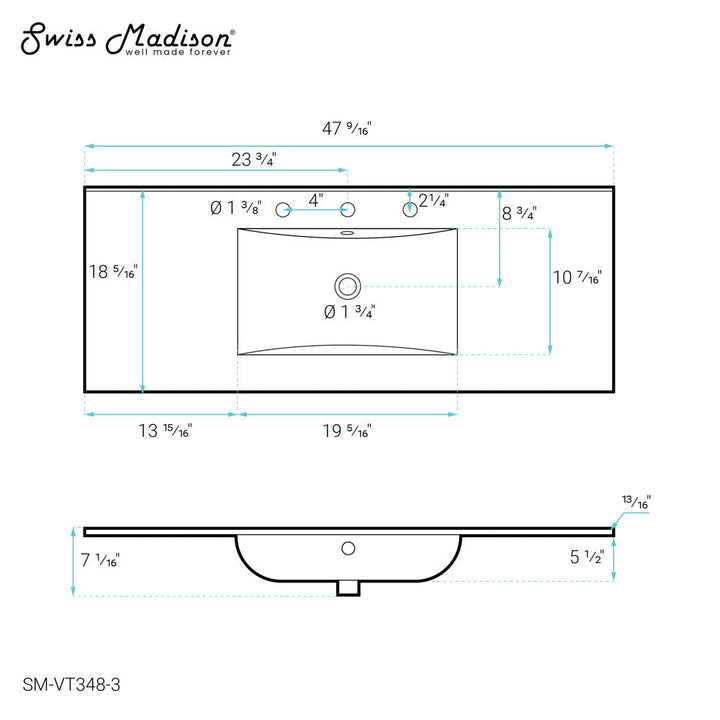 48" Ceramic Vanity Top with Three Faucet Holes