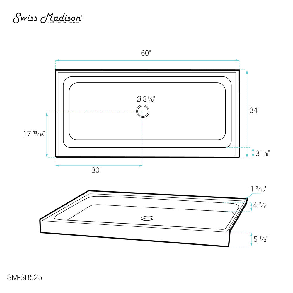 Voltaire 60" x 34" Acrylic White, Single-Threshold, Center Drain, Shower Base