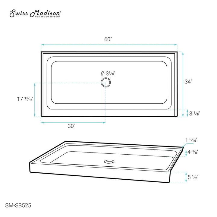 Voltaire 60" x 34" Acrylic White, Single-Threshold, Center Drain, Shower Base