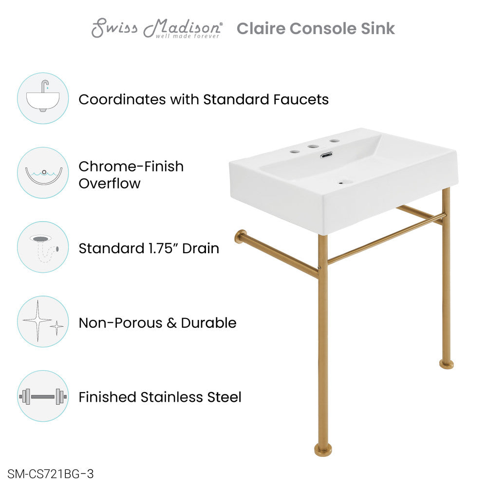 Claire 24" Console Sink White Basin Brushed Gold Legs with 8" Widespread Holes
